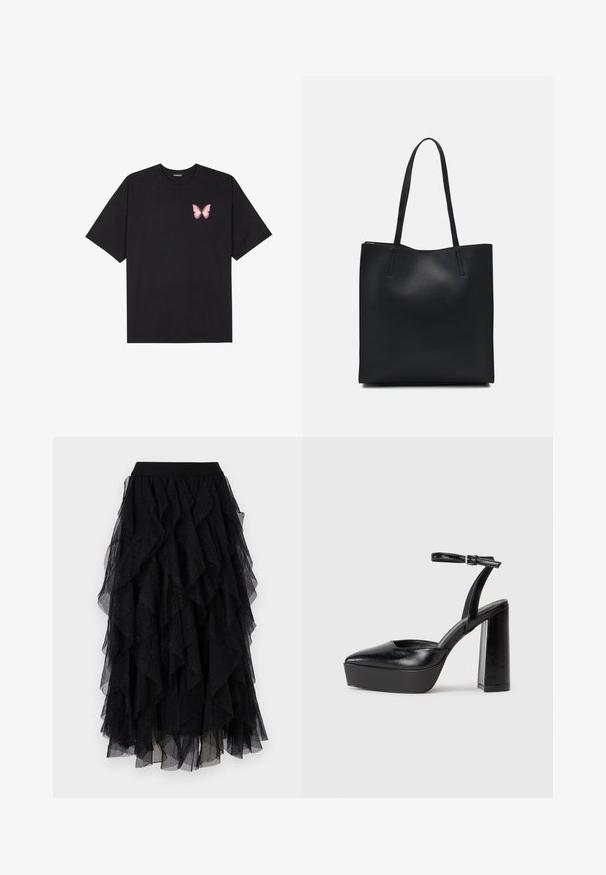 T-shirt en coton noir à manches courtes, avec un petit graphique de papillon rose sur la poitrine gauche. Modèle à col rond avec une coupe décontractée.; Jupe en tulle noir avec des volants superposés, une texture douce et des accents de paillettes subtiles. Taille élastique pour un ajustement confortable.; Escarpins noirs à plateforme avec un bout pointu et une sangle réglable à la cheville. Conçus en cuir lisse, avec un large talon bloc.; Sac fourre-tout en cuir noir avec une texture lisse, de forme rectangulaire et deux longues poignées. Pas de matériel ou d'ornementations visibles.