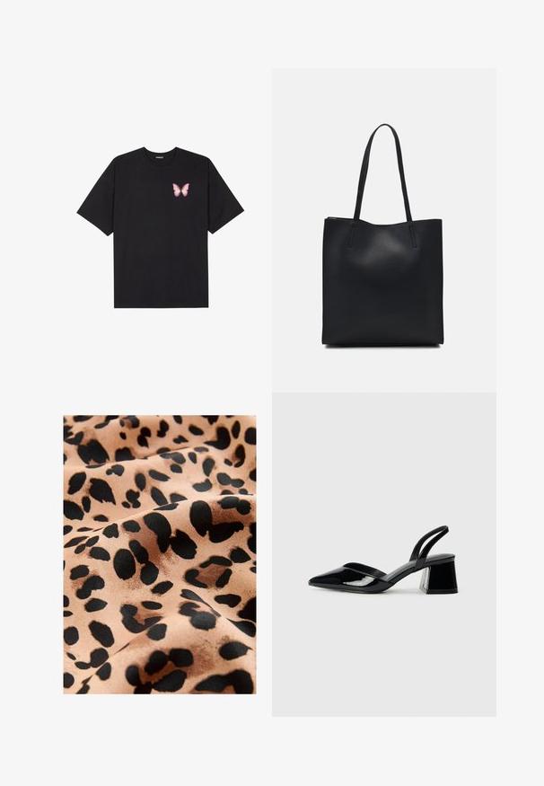 T-shirt nera in cotone con maniche corte, caratterizzata da una piccola grafica di una farfalla rosa sul lato sinistro del petto. Design a girocollo con una vestibilità rilassata.; Tessuto leopardato con grandi macchie nere su sfondo beige, caratterizzato da una texture satinata liscia e un aspetto fluido.; Décolleté in vernice nera con punta affusolata e tacco in geometria cubica. Presentano un design elegante e minimalista, con una texture liscia.; Borsa tote in pelle nera con texture liscia, forma rettangolare e due manici lunghi. Nessun hardware o decorazione visibile.