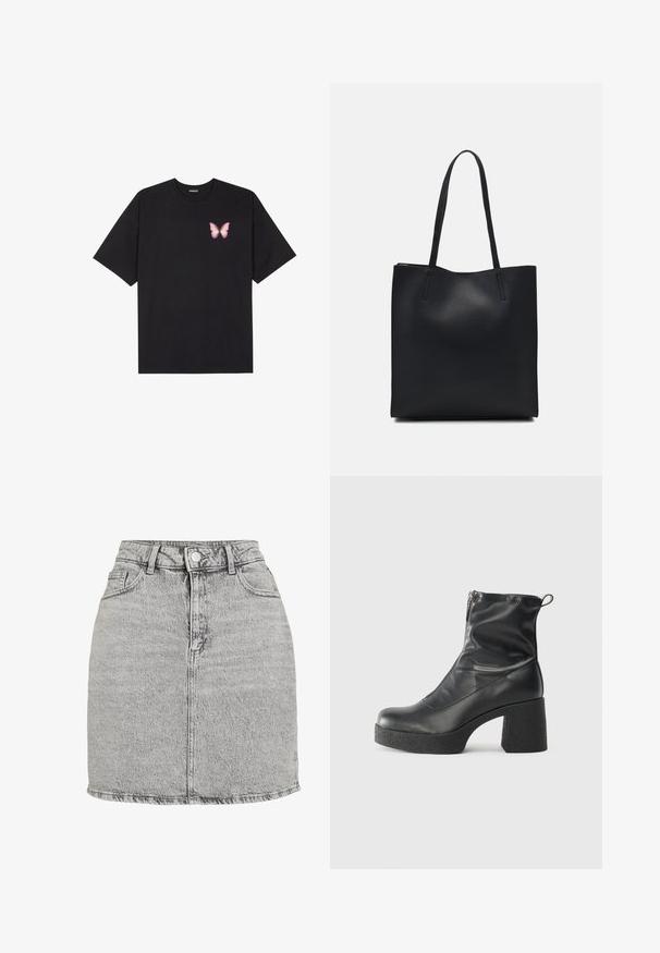 Fekete pamut póló rövid ujjakkal, bal mellkason egy kis rózsaszín pillangó grafikával. Kerek nyakú kialakítás, laza fazonnal.; Szürke farmer szoknya magas derékkal, elülső gombos záródással és két oldalsó zsebbel. Megjelenését egy rojtos szegély és egy diszkrét kőmosott textúra gazdagítja.; Fekete bokacsizmák sima bőrből, oldalsó cipzárral, vastag, texturált sarkú és lekerekített orrú dizájnnal.; Fekete bőrtáska sima felszínnel, téglalap alakú, két hosszú füllel. Nincs látható fémkiegészítő vagy díszítés.