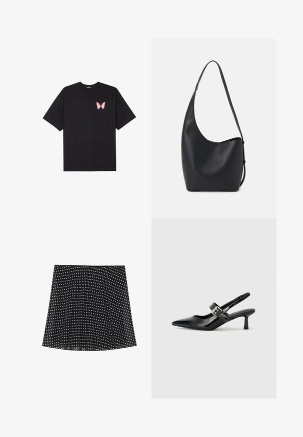 Schwarzes Baumwoll-T-Shirt mit kurzen Ärmeln, das ein kleines pinkes Schmetterlingsmotiv auf der linken Brust zeigt. Crewneck-Design mit einem entspannten Schnitt.; Schwarzer Rock mit weißen Punkten, mit Falten und glatter Textur. Er hat einen gekrümmten Saum und ein einfaches Taillendesign.; Schwarze Lackleder Slingback-Absätze mit spitzem Zeh und kleinem Blockabsatz, ausgestattet mit einem silbernen Schnallenakzent am Riemen.; Schwarze Leder-Hobo-Tasche mit einer glatten Textur, geschwungener Form und einem einzelnen verstellbaren Tragegurt; verfügt über eine weite Öffnung am oberen Ende.