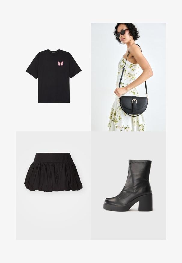 T-shirt de algodão preto com mangas curtas, apresentando um pequeno gráfico de borboleta rosa no lado esquerdo do peito. Design de gola redonda com um corte solto.; Saia mini preta em camadas com um cós largo, apresentando um tecido suave e texturizado e um design plissado. Sem fechos ou adornos visíveis.; Bota de pele preta até o meio da panturrilha com salto robusto e sola de plataforma sobre um fundo branco liso.; Bolsa de couro preta com forma curva, alça destacável e detalhes em dourado. A bolsa possui uma aba com detalhe de fivela.