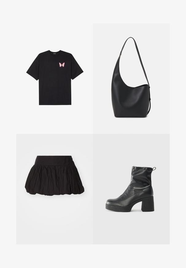 Juodas medvilnės marškinėliai trumpomis rankovėmis, su maža rožine drugelio grafika kairėje krūtinės pusėje. Apvalus kaklo iškirpimas, laisvas kirpimas.; Juodas sluoksniuotas mini sijonas su plačiu juosmeniu, pasižymintis minkšta, tekstūruota medžiaga ir klostėmis. Nėra matomų užsegimų ar papuošimų.; Juodos kulkšninių botai, pagaminti iš lygaus odos, su šoniniu užtrauktuku, masyviu tekstūruotu kulnu ir apvaliu pirštu.; Juodas odinis hobo maišas su lygiu paviršiumi, kreipta forma ir viena reguliuojama rankena; turi platų atidarymą viršuje.