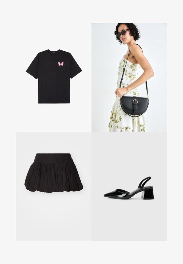 Svart bomulls T-skjorte med korte ermer, med en liten rosa sommerfugl grafikk på venstre bryst. Crew-neck design med en avslappet passform.; Svart lagd mini-skjørt med bred midjebånd, laget av myk, strukturert stoff og plissert design. Ingen synlige lukkinger eller dekorasjoner.; Svarte patentlær slingback hæler med spiss tå og geometrisk blokk hæl. Har et stilrent, minimalistisk design og jevn tekstur.; Svart lærveske med en buet form, avtagbar stropp og gullbeslag. Vesken har et klaff med spenne-detall.