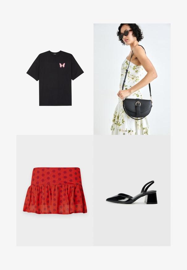 Camiseta de algodón negra de manga corta, con un pequeño gráfico de mariposa rosa en el lado izquierdo del pecho. Diseño de cuello redondo con un corte relajado.; Falda roja con volantes y lunares negros, hecha de un tejido ligero. Presenta una cinturilla ajustada y un diseño de capas.; Zapatos de tacón slingback de charol negro con punta afilada y tacón geométrico en bloque. Presentan un diseño elegante y minimalista, así como una textura suave.; Bolso de piel negra con forma curva, correa desmontable y herrajes dorados. El bolso cuenta con una solapa con un detalle de hebilla.