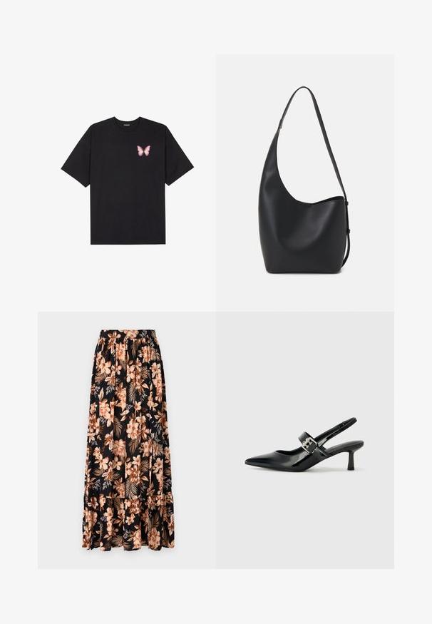 Black cotton t-shirt with short sleeves, featuring a small pink butterfly graphic on the left chest. Crew neck design with a relaxed fit.; Black floral maxi skirt with peach and cream flowers and green leaves. Features a gathered waistband and ruffled hem for added texture.; Black patent leather slingback heels with a pointed toe and a small block heel, featuring a silver buckle accent on the strap.; Black leather hobo bag with a smooth texture, curved shape, and single adjustable strap; features a wide opening at the top.