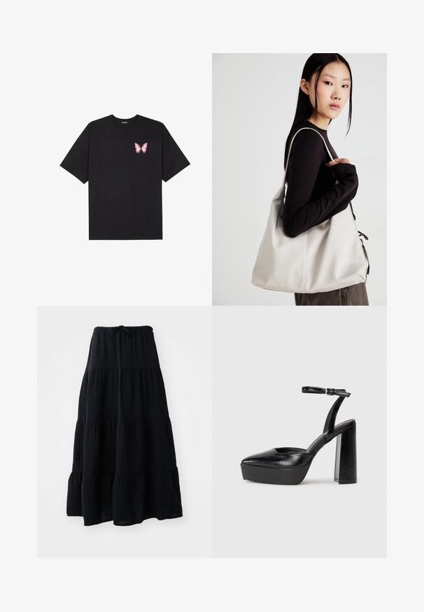 Svart bomulls T-skjorte med korte ermer, med en liten rosa sommerfugl grafikk på venstre bryst. Crew-neck design med en avslappet passform.; Sorte lagdelt skjørt laget av lett materiale, med elastisk liv og snøring, samt et flytende, teksturert design.; Sorte plattformhelter med spiss tå og justerbar ankelrem. Laget av glatt lær, med en robust blokkhel.; Beige håndveske laget av mykt materiale, med en slapp design, sydd detaljer og to skulderstropper. Passer for daglig bruk.