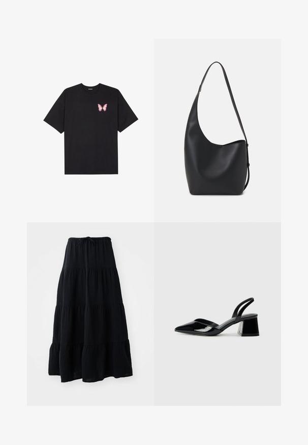 Zwarte katoenen t-shirt met korte mouwen, voorzien van een kleine roze vlinder graphic op de linkerkant van de borst. Crew neck ontwerp met een relaxte fit.; Zwarte gelaagde rok van lichtgewicht stof, met een elastische tailleband en een koord, en een vloeiende, gestructureerde uitstraling.; Zwarte gepatineerde leren slingback hakken met een spitse neus en een geometrische blokhak. Kenmerkt zich door een slank, minimalistisch ontwerp en een gladde textuur.; Zwarte leren hobo tas met een gladde textuur, kromme vorm en een enkele verstelbare schouderband; heeft een brede opening aan de bovenkant.
