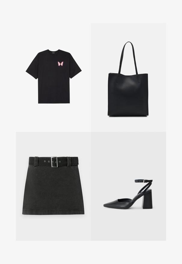 Melna kokvilnas T-krekls ar īsām piedurknēm, kuram priekšā kreisajā pusē ir neliels rozā tauriņa grafiskais attēls. Ar apaļu kaklu un brīvā stila piegriezumu.; Melna denima mini svārki ar atbilstošu jostu, kas aprīkota ar metālu sprādzi un jostas cilpiņām, izlikti uz baltas fona.; Melna ādas augstpapēžu kurpe ar norakstīto purngala formu, potītes siksniņu un masīlu papēdi. Gluda tekstūra, elegants dizains un minimālisma estētika.; Melnas ādas somiņa ar gludu tekstūru, taisnstūra formu un divām garām rokturiem. Nav redzamu aparatūras vai rotājumu.