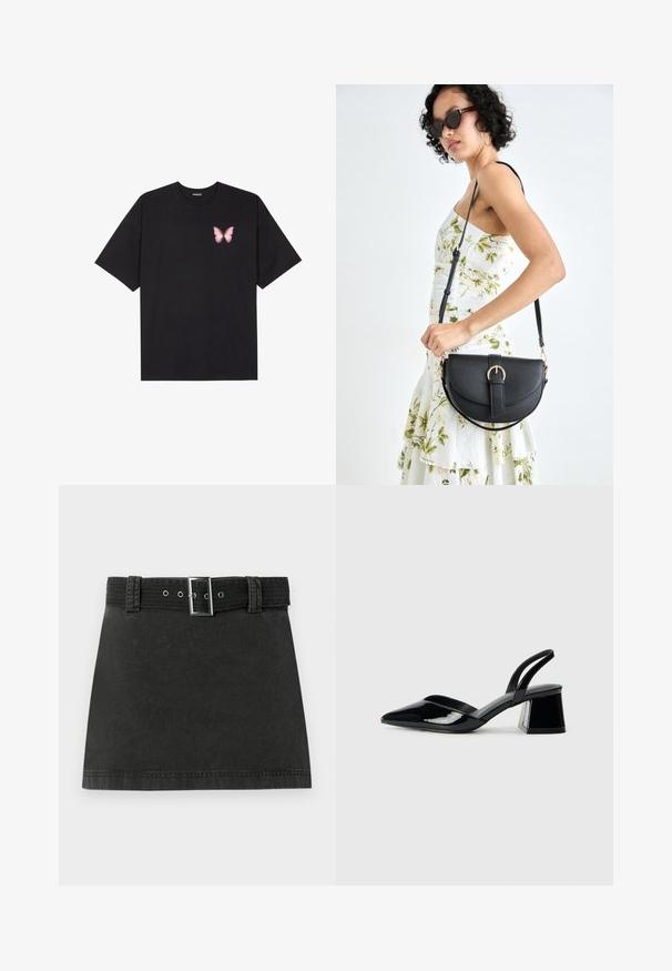 Black cotton t-shirt with short sleeves, featuring a small pink butterfly graphic on the left chest. Crew neck design with a relaxed fit.; Black denim mini skirt with a matching belt featuring metallic buckle and belt loops, displayed flat on a white background.; Black patent leather slingback heels with a pointed toe and a geometric block heel. Features a sleek, minimal design and smooth texture.; Black leather handbag with a curved shape, detachable strap, and gold hardware. The bag features a flap with a buckle detail.