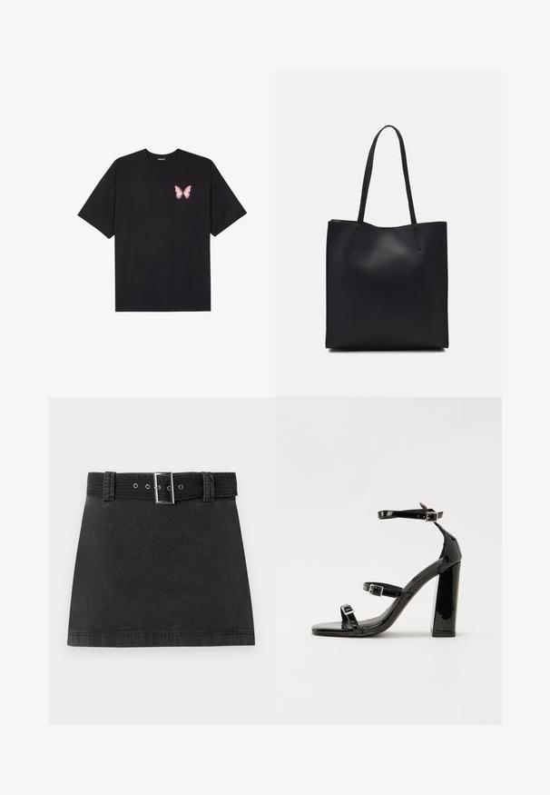 T-shirt de algodão preto com mangas curtas, apresentando um pequeno gráfico de borboleta rosa no lado esquerdo do peito. Design de gola redonda com um corte solto.; Saia mini de denim preta com um cinto correspondente, apresentando fivela metálica e passadores, exibida de forma plana sobre um fundo branco.; Sandálias de tacão preto laqueadas com bico quadrado, tiras para o tornozelo e fivelas prateadas. Apresentam um salto bloco chunky para estabilidade.; Bolsa tote preta em couro com textura lisa, forma retangular e duas alças longas. Sem hardware ou enfeites visíveis.