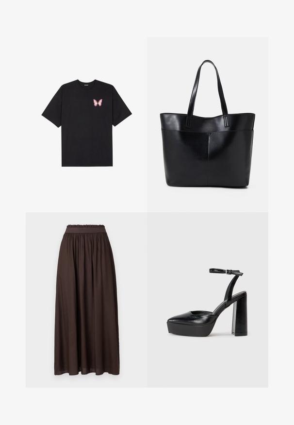 Melna kokvilnas T-krekls ar īsām piedurknēm, kuram priekšā kreisajā pusē ir neliels rozā tauriņa grafiskais attēls. Ar apaļu kaklu un brīvā stila piegriezumu.; Brūna, potītes garuma svārki, izgatavoti no gludas auduma. Elastīga josta ar savītu tekstūru, nodrošinot brīvu piegulšanu. Vienkāršs dizains, bez rakstiem.; Melnas platformas papēžs ar norādītu purngala formu un regulējamu potītes siksniņu. Izgatavotas no gludas ādas, ar masīvu bloku papēdi.; Melnas ādas iepirkumu soma ar divām garām rokturām, gludu tekstūru un strukturētu formu. Iekļauj priekšējo kabatu papildu uzglabāšanai.