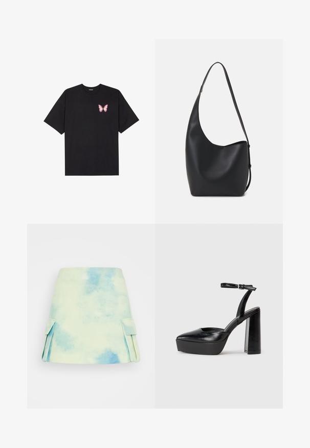 Svart bomulls T-skjorte med korte ermer, med en liten rosa sommerfugl grafikk på venstre bryst. Crew-neck design med en avslappet passform.; Kort A-linjeet skjørt i et pastelvannfarger mønster med blå og grønne toner. Har sidelommer og en glatt stofftekstur.; Sorte plattformhelter med spiss tå og justerbar ankelrem. Laget av glatt lær, med en robust blokkhel.; Svart lær hobo-veske med glatt tekstur, buet form og enkelt justerbart stropp; har en bred åpning på toppen.