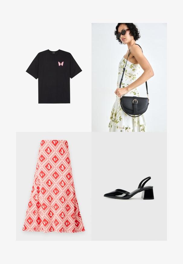 Schwarzes Baumwoll-T-Shirt mit kurzen Ärmeln, das ein kleines pinkes Schmetterlingsmotiv auf der linken Brust zeigt. Crewneck-Design mit einem entspannten Schnitt.; Rote und weiße gemusterte Rock mit einem diamantförmigen Design und kleinen Blumenmotiven sowie einem ausgestellten Schnitt, aus einem glatten Stoff gefertigt.; Schwarze Lackleder-Slingback-High Heels mit spitzem Schuh und einem geometrischen Blockabsatz. Verfügt über ein schlankes, minimalistisches Design und eine glatte Textur.; Schwarze Lederhandtasche mit geschwungener Form, abnehmbarem Tragegurt und goldenen Beschlägen. Die Tasche verfügt über einen Deckel mit einer Schnallen-Details.