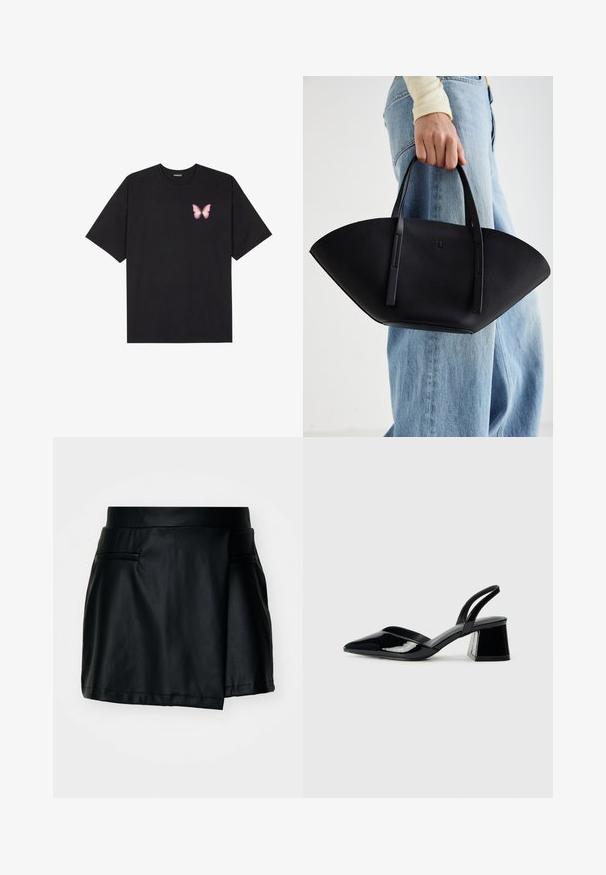 Schwarzes Baumwoll-T-Shirt mit kurzen Ärmeln, das ein kleines pinkes Schmetterlingsmotiv auf der linken Brust zeigt. Crewneck-Design mit einem entspannten Schnitt.; Schwarzer Kunstleder-Minirock mit schmaler Taille, glatter Textur und zwei Vorderfächern. Verfügt über ein leichtes Wickeldesign.; Schwarze Lackleder-Slingback-High Heels mit spitzem Schuh und einem geometrischen Blockabsatz. Verfügt über ein schlankes, minimalistisches Design und eine glatte Textur.; Schwarze Lederhandtasche mit einzigartiger Fächerform, ausgestattet mit flachen Griffen. Die Oberfläche hat eine genoppte Textur und ein minimalistisches Design.