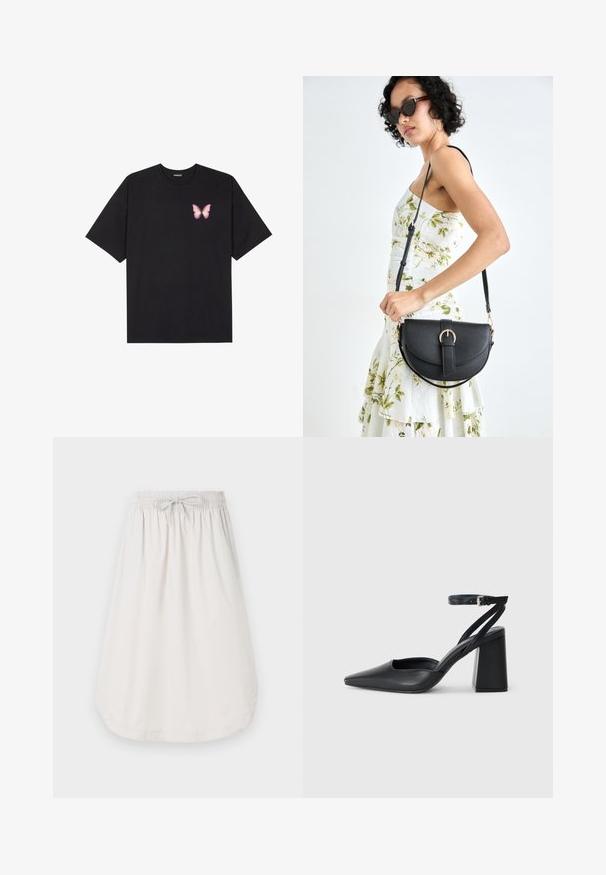 Fekete pamut póló rövid ujjakkal, bal mellkason egy kis rózsaszín pillangó grafikával. Kerek nyakú kialakítás, laza fazonnal.; New Balance A-vonalú szoknya - grey matter; Fekete bőr, hegyes orrú magassarkú cipő boka pánttal és vastag sarokkal. Sima textúra, elegáns dizájn és minimális esztétika.; Fekete bőrtáska ívelt formával, levehető pánttal és arany színű fémrészekkel. A táskán egy csattal díszített fedél található.