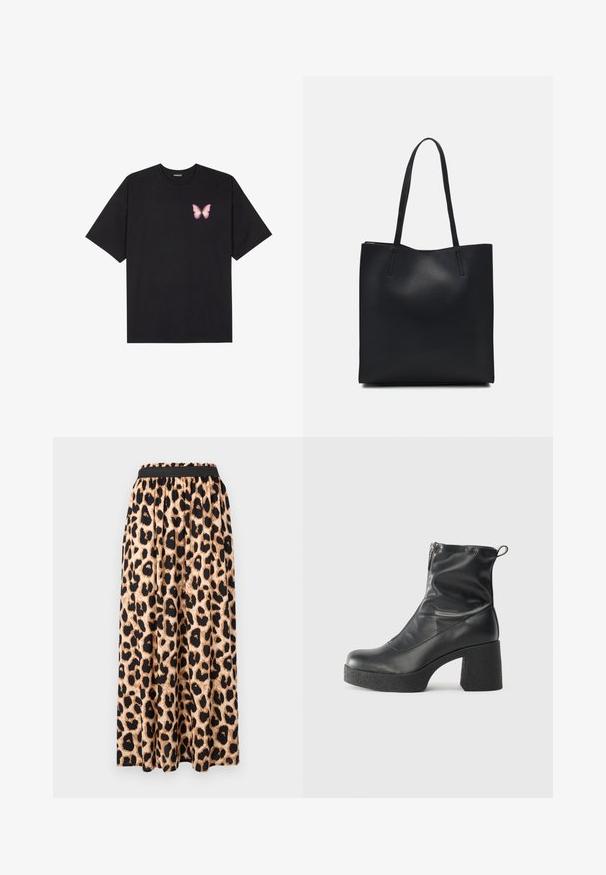 Schwarzes Baumwoll-T-Shirt mit kurzen Ärmeln, das ein kleines pinkes Schmetterlingsmotiv auf der linken Brust zeigt. Crewneck-Design mit einem entspannten Schnitt.; Maxikleid aus Leopardenmuster mit schwarzem elastischem Bund, aus glattem, fließendem Stoff und mit ausgeweiteter Silhouette.; Schwarze Stiefeletten aus glattem Leder mit seitlichem Reißverschluss, klobigem strukturiertem Absatz und runder Zehenform.; Schwarze Laptoptasche aus Leder mit glatter Textur, rechteckiger Form und zwei langen Griffen. Keine sichtbaren Beschläge oder Verzierungen.