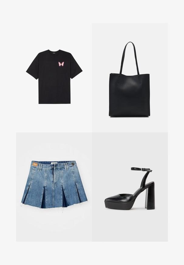 Fekete pamut póló rövid ujjakkal, bal mellkason egy kis rózsaszín pillangó grafikával. Kerek nyakú kialakítás, laza fazonnal.; Világoskék farmer miniszoknya, redőzött kialakítással, nyers széllel és márkázott bőrfolttal a derékpánton. Cipzáras és gombos záródás.; Fekete platform magassarkú cipők hegyes orral és állítható bokapánttal. Sima bőrből készült, vastag talppal.; Fekete bőrtáska sima felszínnel, téglalap alakú, két hosszú füllel. Nincs látható fémkiegészítő vagy díszítés.