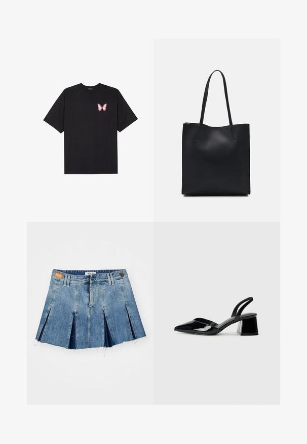T-shirt en coton noir à manches courtes, avec un petit graphique de papillon rose sur la poitrine gauche. Modèle à col rond avec une coupe décontractée.; Jupe en denim mini en bleu clair, avec un design plissé, un ourlet brut et un patch en cuir marqué sur la taille. Fermeture à glissière et bouton.; Escarpins en cuir verni noir avec bout pointu et talon bloc géométrique. Présente un design élégant et minimaliste ainsi qu'une texture lisse.; Sac fourre-tout en cuir noir avec une texture lisse, de forme rectangulaire et deux longues poignées. Pas de matériel ou d'ornementations visibles.
