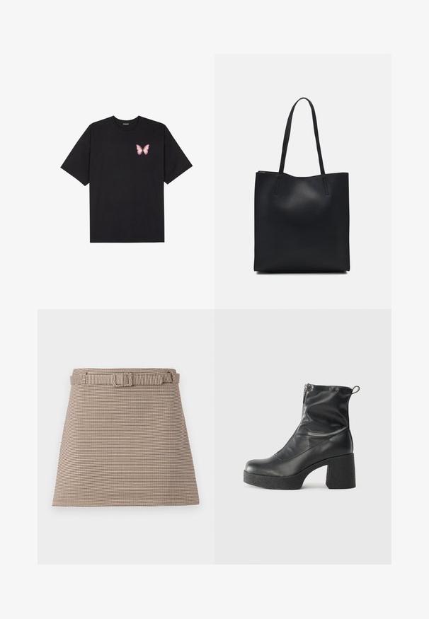 Must muströöpidega must puuvillane T-särk, vasakul rinnal on väike roosa liblikas. Ümar kaelus ja vabalt istuv lõige.; Pruuni ja beež houndstooth-mustriga lühikesed püksid, millel on vöökoha rihm ja puhtad jooned, kohandatud struktuur ning sile kangatekstuur.; Mustad mustad ansapüksid, mis on valmistatud siledast nahast, külje zipperiga, paksu tekstuuriga kontsaga ja ümmarguse nina disainiga.; Mustast nahast kott sujuva tekstuuriga, ristkülikukujuline ja kahe pika sangaga. Pole nähtavat riistvara ega kaunistusi.