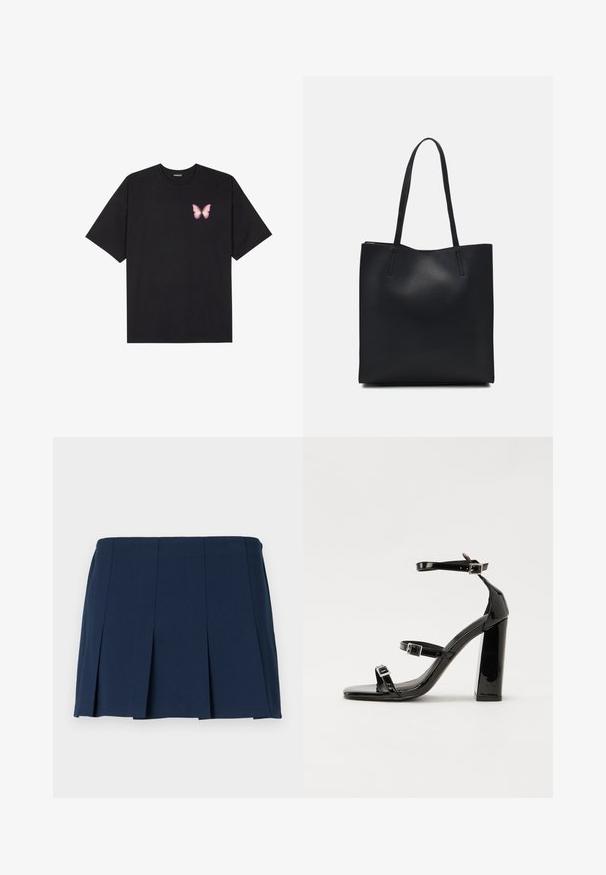 T-shirt en coton noir à manches courtes, avec un petit graphique de papillon rose sur la poitrine gauche. Modèle à col rond avec une coupe décontractée.; Jupe mini plissée bleu marine avec une taille droite, fabriquée à partir d'un tissu lisse. Présente des coutures verticales le long des plis.; Sandales à talons vernies noires avec un bout carré, des sangles autour de la cheville et des boucles en argent. Dotées d'un talon bloc épais pour plus de stabilité.; Sac fourre-tout en cuir noir avec une texture lisse, de forme rectangulaire et deux longues poignées. Pas de matériel ou d'ornementations visibles.
