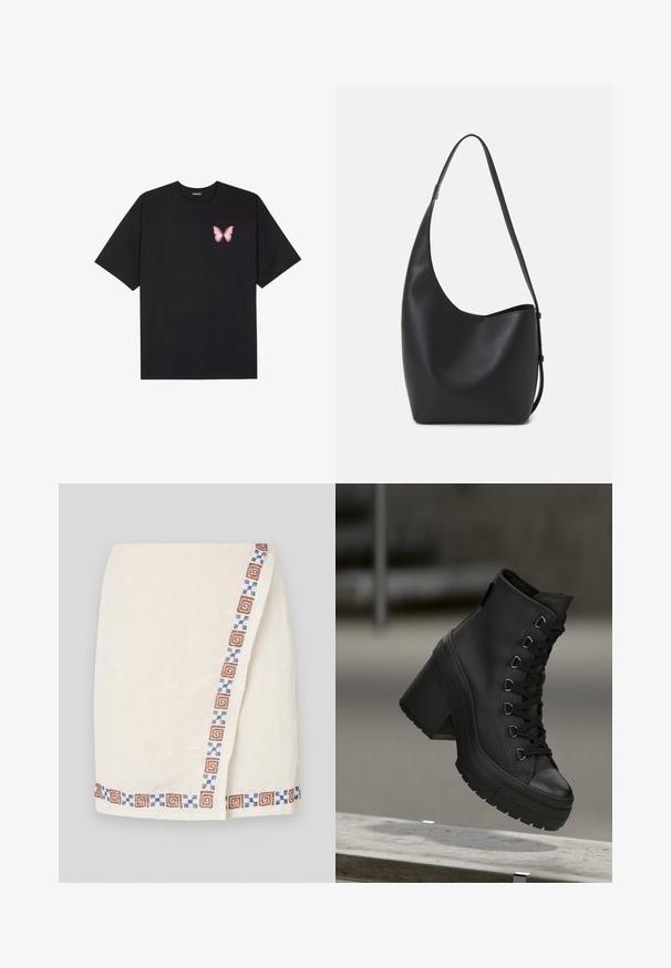 Tricou negru din bumbac cu mâneci scurte, având pe partea stângă a pieptului un mic grafic cu un fluture roz. Design cu guler rotund și croială lejeră.; Fustă închisă crem, cu țesătură texturată, având un bordură patternată în forme geometrice brune și albastre pe o parte.; Bocanci negri cu platformă și bot înalt, cu un finisaj din piele texturată, șireturi în față și toc robust. Prezintă o talpă din cauciuc cu modele distincte de profil.; Geantă hobo din piele neagră, cu o textură netedă, formă curbată și un singur bretele ajustabil; are o deschidere largă în partea de sus.