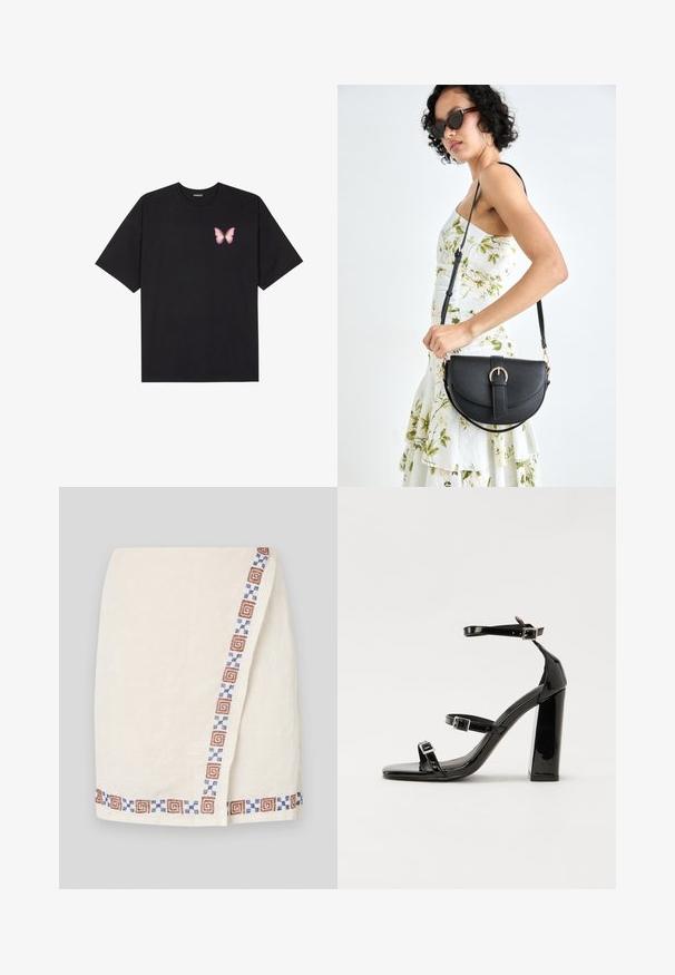 Sort bomulds T-shirt med korte ærmer, prydet med en lille pink sommerfugl grafik på venstre bryst. Rund hals design med en afslappet pasform.; Cremefarvet omslagskjørt med tekstureret stof, der har en mønstret kant i brune og blå geometriske former langs den ene side.; Sorte laklædersandaler med høje hæle, to spænderemme, firkantet tå og en kraftig blokhæl, der har en glat, blank overflade.; Sort læderhåndtaske med en buet form, aftagelig rem og guldfinish. Tasken har en klap med en spænde detalje.