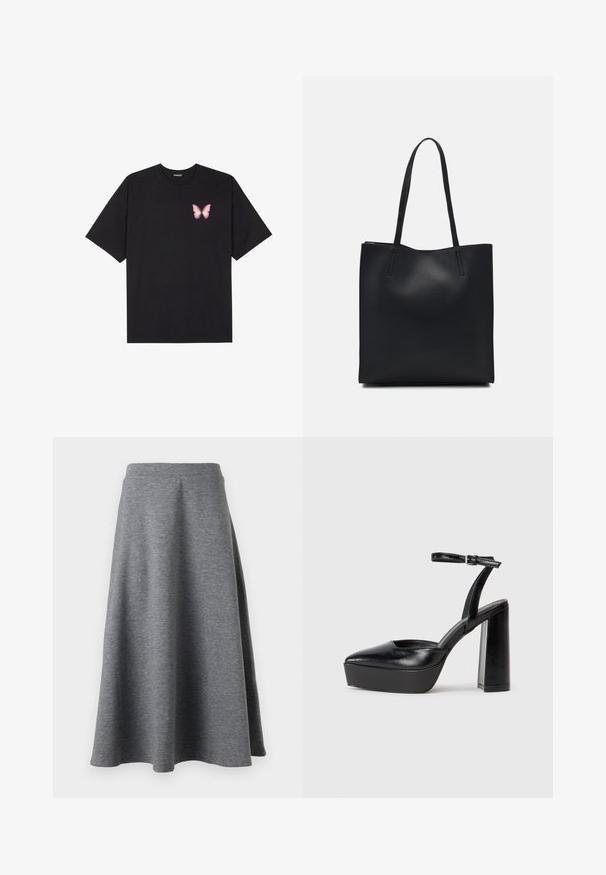 Tricou negru din bumbac cu mâneci scurte, având pe partea stângă a pieptului un mic grafic cu un fluture roz. Design cu guler rotund și croială lejeră.; Fustă gri, până la genunchi, realizată dintr-un material moale și elastic, cu un design evazat și un elastic la talie pentru confort.; Pantofi cu toc platformă negri, cu vârful ascuțit și curea reglabilă la gleznă. Confecționați din piele netedă, având un toc gros.; Geantă tote neagră din piele, cu textură netedă, formă rectangulară și două mânere lungi. Fără hardware vizibil sau ornamente.