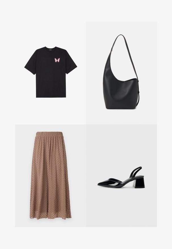 Black cotton t-shirt with short sleeves, featuring a small pink butterfly graphic on the left chest. Crew neck design with a relaxed fit.; Brown, knee-length skirt with an elastic waistband, textured fabric featuring a diamond pattern in a lighter tone, lightweight and flowy.; Black patent leather slingback heels with a pointed toe and a geometric block heel. Features a sleek, minimal design and smooth texture.; Black leather hobo bag with a smooth texture, curved shape, and single adjustable strap; features a wide opening at the top.