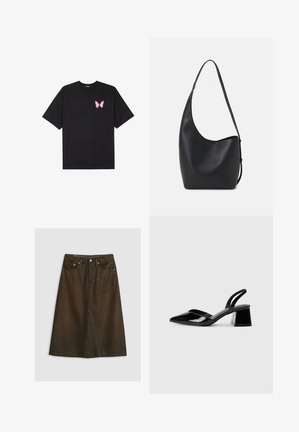 Camiseta de algodón negra de manga corta, con un pequeño gráfico de mariposa rosa en el lado izquierdo del pecho. Diseño de cuello redondo con un corte relajado.; Falda de mezclilla marrón, hasta la rodilla, con una abertura delantera, diseño de cinco bolsillos, herrajes metálicos y una textura sutil.; Zapatos de tacón slingback de charol negro con punta afilada y tacón geométrico en bloque. Presentan un diseño elegante y minimalista, así como una textura suave.; Bolso tipo hobo de cuero negro con una textura suave, forma curvada y una sola correa ajustable; presenta una amplia apertura en la parte superior.