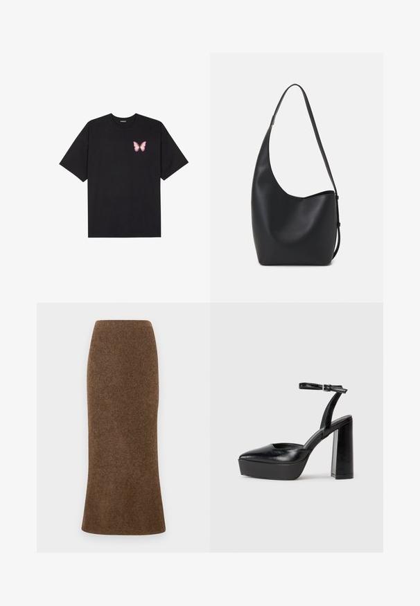 Černé bavlněné tričko s krátkým rukávem, na levém prsou s malou grafikou růžové motýlky. Design s kruhovým výstřihem a volným střihem.; Hnědá, přiléhavá vlněná sukně s rozšířeným lemem, která předvádí měkkou, texturovanou látku. Žádné viditelné zapínání ani ozdoby.; Černé platformové podpatky s špičatou špičkou a nastavitelným kotníkovým popruhem. Vyrobeny z hladké kůže, s masivním blokovým podpatkem.; Černá kožená hobo taška s hladkým povrchem, zakřiveným tvarem a jedním nastavitelným popruhem; má široké otevírání nahoře.