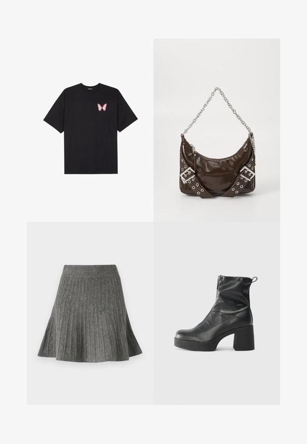Tricou negru din bumbac cu mâneci scurte, având pe partea stângă a pieptului un mic grafic cu un fluture roz. Design cu guler rotund și croială lejeră.; Fustă plisată gri, din material moale. Caracteristici: talie cu nervuri și formă evazată, oferind un aspect texturat.; Bocanci negri de glezna din piele netedă, cu fermoar lateral, toc texturat și masiv, și design cu vârf rotund.; Geantă de mână din piele lacuită de culoare maro închis, cu curea din lanț argintiu, curele decorative cu catarame duble și închidere cu fermoar.