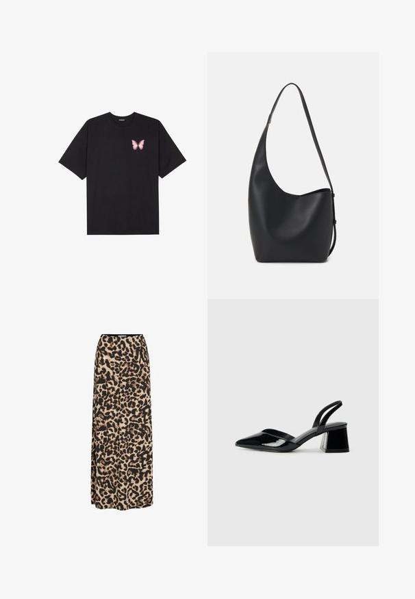 Schwarzes Baumwoll-T-Shirt mit kurzen Ärmeln, das ein kleines pinkes Schmetterlingsmotiv auf der linken Brust zeigt. Crewneck-Design mit einem entspannten Schnitt.; VILA LEOA HIGH WAIST - Maxirock - black; Schwarze Lackleder-Slingback-High Heels mit spitzem Schuh und einem geometrischen Blockabsatz. Verfügt über ein schlankes, minimalistisches Design und eine glatte Textur.; Schwarze Leder-Hobo-Tasche mit einer glatten Textur, geschwungener Form und einem einzelnen verstellbaren Tragegurt; verfügt über eine weite Öffnung am oberen Ende.