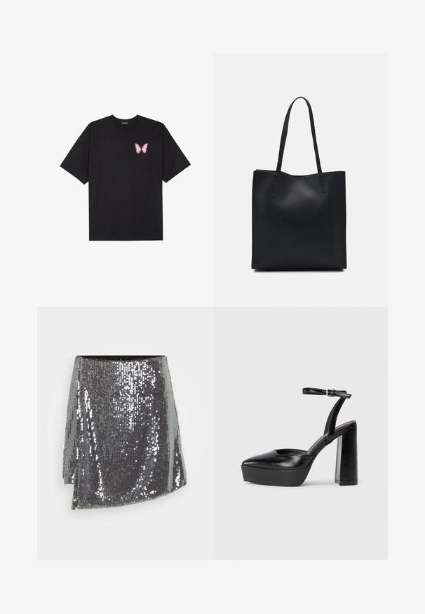 Czarny bawełniany t-shirt z krótkim rękawem, z małym różowym motylkiem na lewej piersi. Klasyczny dekolt z luźnym fasonem.; Srebrna mini spódnica z cekinami o kroju kopertowym, z fakturowaną powierzchnią i lekko asymetrycznym dołem.; Czarne platformy na wysokim obcasie z szpiczastym noskiem i regulowanym paskiem na kostkę. Wykonane z gładkiej skóry, z grubym słupkowym obcasem.; Czarna skórzana torba tote o gładkiej fakturze, prostokątnym kształcie i dwóch długich uchwytach. Brak widocznych elementów metalowych i ozdób.