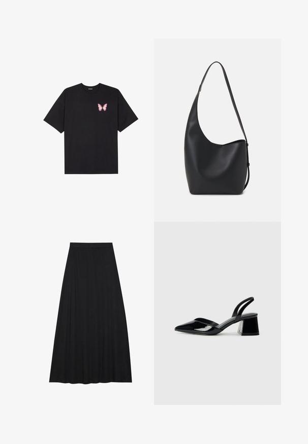 Crna pamučna majica s kratkim rukavima, s malim grafičkim prikazom ružičaste vjetricaste s desne strane na prsima. Dizajn s okruglim izrezom i opuštenim krojem.; Crna maksi suknja izrađena od mekanog, lepršavog materijala. Ima elastičnu struk i pun, A-linijski kroj s glatkom teksturom.; Crne lakirane kožne sandale s otvorenom petom i špicastim vrhom, s geometrijskom blok petom. Imaju elegantan, minimalistički dizajn i glatku teksturu.; Crna kožna hobo torba s glatkom teksturom, zakrivljenim oblikom i jednom podesivom trakicom; ima širok otvor na vrhu.