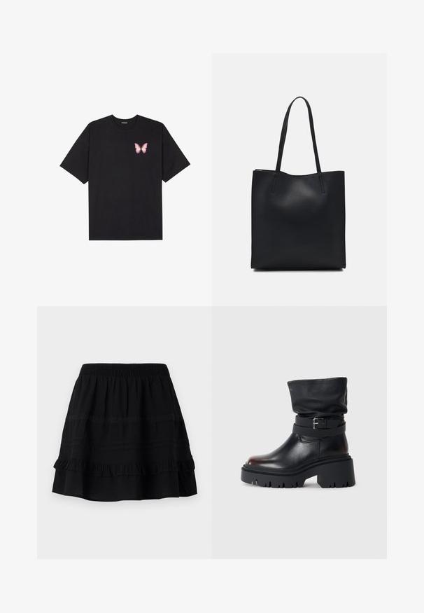 Juodas medvilnės marškinėliai trumpomis rankovėmis, su maža rožine drugelio grafika kairėje krūtinės pusėje. Apvalus kaklo iškirpimas, laisvas kirpimas.; Juodas medvilninis sijonas su sluoksniuotu volanu, turintis elastingą juosmenį ir papuoštas kontrastingomis siūlėmis ir nėrinių juostomis.; Juodas odinis kulkšninis botas su laisva viršūne, sagtimi ir storu, tvirtu padu. Yra apvalus pirštas ir lygus paviršius.; Juodas odinis tote krepšys su lygia tekstūra, stačiakampio formos ir dviem ilgais rankenomis. Matomų metalinių detalių ar puošybos nėra.