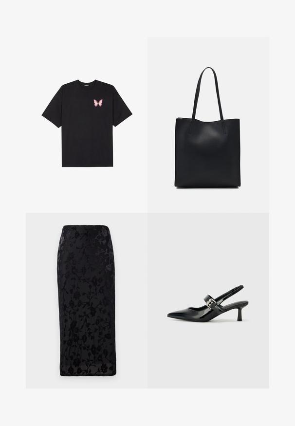 Melna kokvilnas T-krekls ar īsām piedurknēm, kuram priekšā kreisajā pusē ir neliels rozā tauriņa grafiskais attēls. Ar apaļu kaklu un brīvā stila piegriezumu.; Even&Odd Zīmuļsvārki - black; Melnas lakotas ādas sūkņa kurpes ar norādītu purngali un mazu bloku papēdi, ar sudraba sprādzi akcentā uz jostas.; Melnas ādas somiņa ar gludu tekstūru, taisnstūra formu un divām garām rokturiem. Nav redzamu aparatūras vai rotājumu.