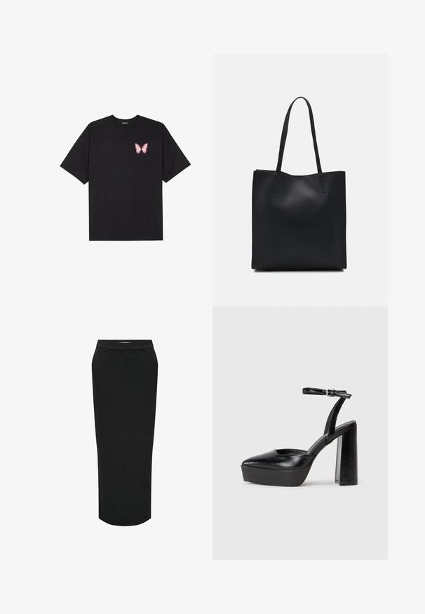 T-shirt en coton noir à manches courtes, avec un petit graphique de papillon rose sur la poitrine gauche. Modèle à col rond avec une coupe décontractée.; Jupe crayon noire taille haute. Réalisée en tissu lisse, elle présente une silhouette droite et des poches latérales pour une allure soignée.; Escarpins noirs à plateforme avec un bout pointu et une sangle réglable à la cheville. Conçus en cuir lisse, avec un large talon bloc.; Sac fourre-tout en cuir noir avec une texture lisse, de forme rectangulaire et deux longues poignées. Pas de matériel ou d'ornementations visibles.