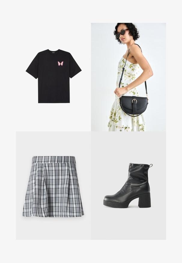 Svart bomulls T-skjorte med korte ermer, med en liten rosa sommerfugl grafikk på venstre bryst. Crew-neck design med en avslappet passform.; Rutete mini skjørt i grått og hvitt, med folder og et liv. Laget av lett stoff, med vertikale og horisontale striper.; Svarte ankelstøvler laget av glatt lær, med glidelås på siden, chunky strukturert hæl, og rund tå-design.; Svart lærveske med en buet form, avtagbar stropp og gullbeslag. Vesken har et klaff med spenne-detall.