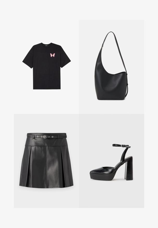 Melna kokvilnas T-krekls ar īsām piedurknēm, kuram priekšā kreisajā pusē ir neliels rozā tauriņa grafiskais attēls. Ar apaļu kaklu un brīvā stila piegriezumu.; Melnā plisētā svārku, kas izgatavota no mākslīgās ādas, ar pieguļošu jostasvīru un jostu, kā arī sudraba aksesuāriem. Gluda tekstūra.; Melnas platformas papēžs ar norādītu purngala formu un regulējamu potītes siksniņu. Izgatavotas no gludas ādas, ar masīvu bloku papēdi.; Melnas ādas hobo soma ar gludu tekstūru, izliekta forma un vienu regulējamu jostu; augšā ir plaša atvere.