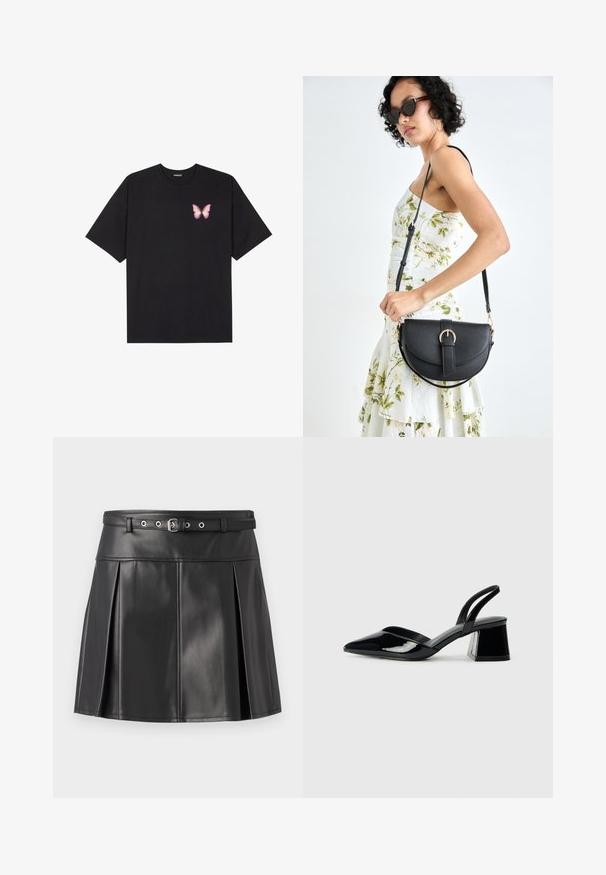 Svart bomulls T-skjorte med korte ermer, med en liten rosa sommerfugl grafikk på venstre bryst. Crew-neck design med en avslappet passform.; Svart, plissert skjørt laget av kunstlær, med en tett liv med belte og sølvfargede detaljer. Glatt tekstur.; Svarte patentlær slingback hæler med spiss tå og geometrisk blokk hæl. Har et stilrent, minimalistisk design og jevn tekstur.; Svart lærveske med en buet form, avtagbar stropp og gullbeslag. Vesken har et klaff med spenne-detall.