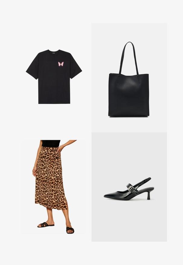 Črna bombažna majica s kratkimi rokavi, ki ima majhen roza metuljček na levi strani prsnega dela. Majica s krožnim ovratnikom in sproščenim krojem.; Friends Like These SPUN BIAS MIDI REGULAR FIT - Krilo A-kroja - brown leopard; Črne patent usnjene slingback pete s koničastim nosom in majhnim blok peto, ki vključujejo srebrno zaponko na traku.; Črna usnjena torba s svilnato teksturo, pravokotne oblike in dvema dolgima ročajema. Brez vidnih metalnih delov ali okrasnih elementov.