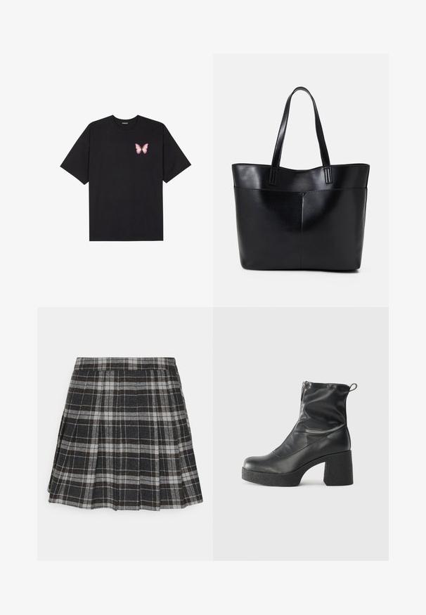 Must muströöpidega must puuvillane T-särk, vasakul rinnal on väike roosa liblikas. Ümar kaelus ja vabalt istuv lõige.; ONLY ONLCHELSEA CHECK SKIRT - Voltidega seelik - black/white; Mustad mustad ansapüksid, mis on valmistatud siledast nahast, külje zipperiga, paksu tekstuuriga kontsaga ja ümmarguse nina disainiga.; Must mustaga musta nahast, millel on kaks pikka kanda, sile tekstuur ja struktureeritud kuju. Esipoolsel on lisakoti jaoks tasku.