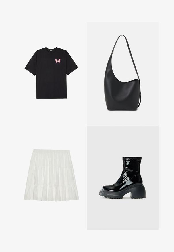 Svart bomulls T-skjorte med korte ermer, med en liten rosa sommerfugl grafikk på venstre bryst. Crew-neck design med en avslappet passform.; Hvit, lagdelt skjørt med en teksturert overflate. Har en elastisk midjebånd og lagdelte volanger som skaper en luftig silhuett.; Glanset svart plattform ankelstøvlett med rund tå, kraftig hæl, glidelås og tykk rillelagt såle mot en hvit bakgrunn.; Svart lær hobo-veske med glatt tekstur, buet form og enkelt justerbart stropp; har en bred åpning på toppen.
