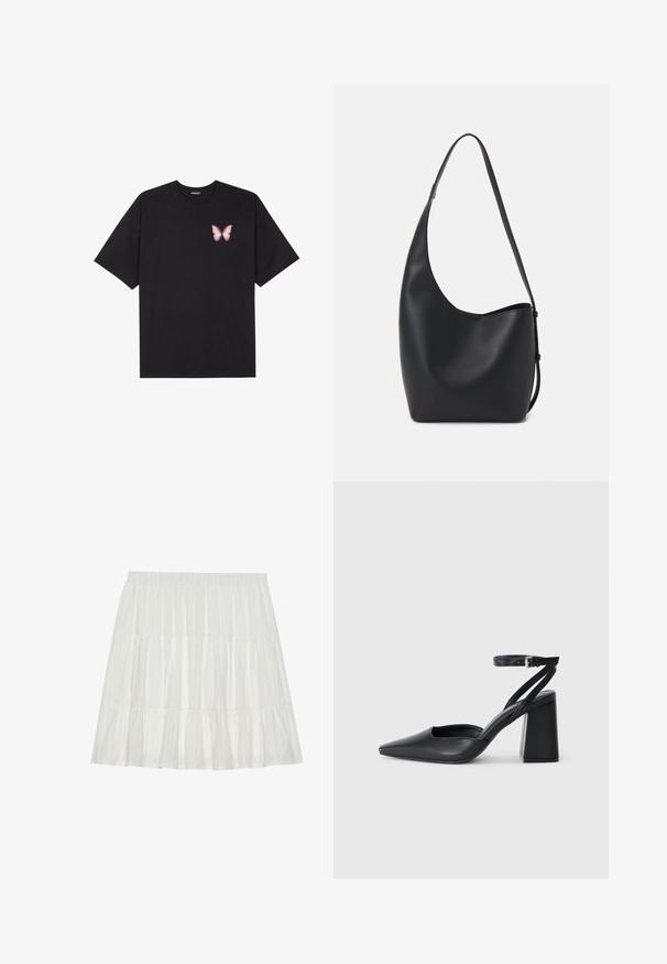 T-shirt en coton noir à manches courtes, avec un petit graphique de papillon rose sur la poitrine gauche. Modèle à col rond avec une coupe décontractée.; Jupe blanche à volants avec une finition texturée. Dotée d'une taille élastique et de volants superposés, créant une silhouette fluide.; Escarpin noir en cuir à bout pointu avec une bride de cheville et un talon épais. Texture lisse, design élégant et esthétique minimaliste.; Sac hobo en cuir noir avec une texture lisse, une forme incurvée et une seule sangle réglable ; dispose d'une large ouverture en haut.