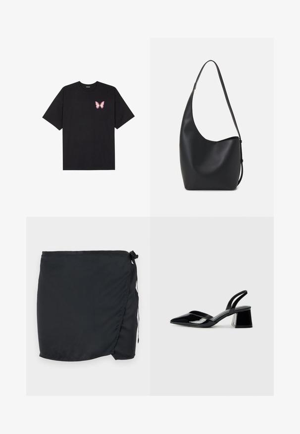 Black cotton t-shirt with short sleeves, featuring a small pink butterfly graphic on the left chest. Crew neck design with a relaxed fit.; Black swim skirt with a wrap design, made of lightweight fabric. Features a side tie closure and a smooth texture.; Black patent leather slingback heels with a pointed toe and a geometric block heel. Features a sleek, minimal design and smooth texture.; Black leather hobo bag with a smooth texture, curved shape, and single adjustable strap; features a wide opening at the top.