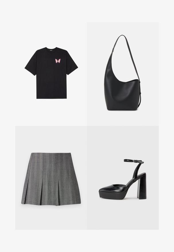 Melna kokvilnas T-krekls ar īsām piedurknēm, kuram priekšā kreisajā pusē ir neliels rozā tauriņa grafiskais attēls. Ar apaļu kaklu un brīvā stila piegriezumu.; Pelēka plisēta svārku ar teksturētu audumu un vertikālām svītrām, ar pieguļošu jostas daļu un A formas siluetu.; Melnas platformas papēžs ar norādītu purngala formu un regulējamu potītes siksniņu. Izgatavotas no gludas ādas, ar masīvu bloku papēdi.; Melnas ādas hobo soma ar gludu tekstūru, izliekta forma un vienu regulējamu jostu; augšā ir plaša atvere.