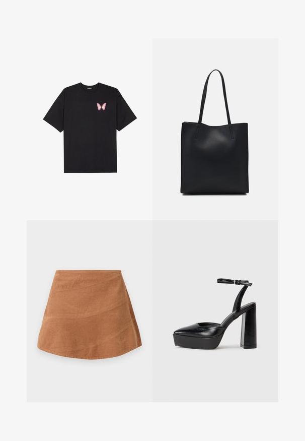 Svart bomulls T-skjorte med korte ermer, med en liten rosa sommerfugl grafikk på venstre bryst. Crew-neck design med en avslappet passform.; Brun kordfløyel mini skjørt med en utvidet design, som har en glatt tekstur og subtile vertikale linjer fra stoffets ribbede mønster.; Sorte plattformhelter med spiss tå og justerbar ankelrem. Laget av glatt lær, med en robust blokkhel.; Svart lær tote bag med glatt tekstur, rektangulær form og to lange håndtak. Ingen synlige deler eller dekorasjoner.