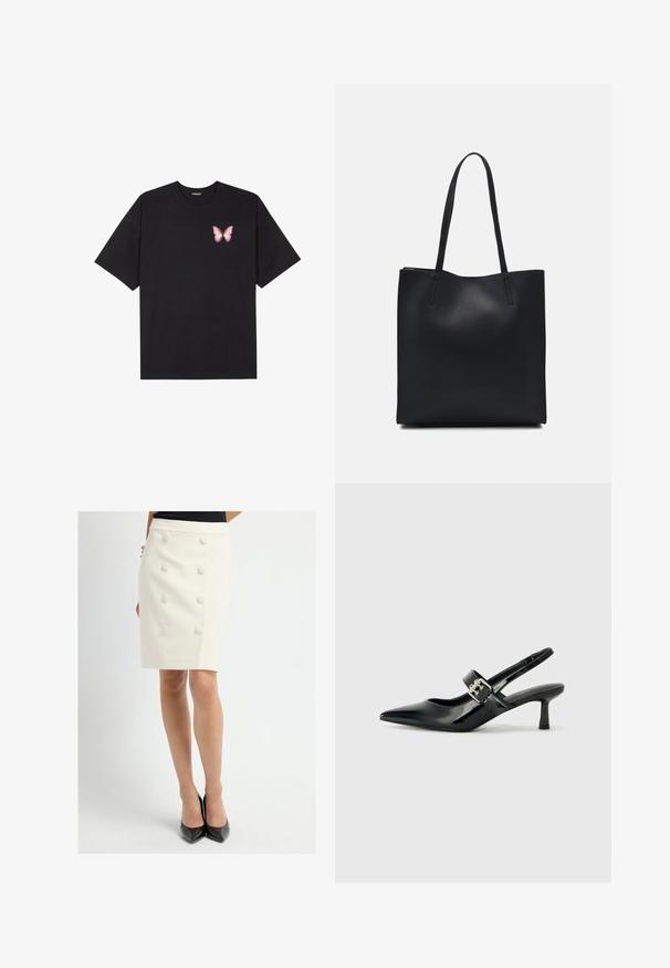 Camiseta de algodón negra de manga corta, con un pequeño gráfico de mariposa rosa en el lado izquierdo del pecho. Diseño de cuello redondo con un corte relajado.; Falda lápiz blanca a medida con cintura alta y seis botones redondos forrados de tela en el frente, combinada con zapatos de tacón alto negros.; Zapatos de tacón en charol negro con tira al tobillo, punta afilada y un pequeño tacón bloque, que cuentan con un acento de hebilla plateada en la correa.; Bolso tote de cuero negro con textura lisa, forma rectangular y dos asas largas. Sin herrajes ni adornos visibles.