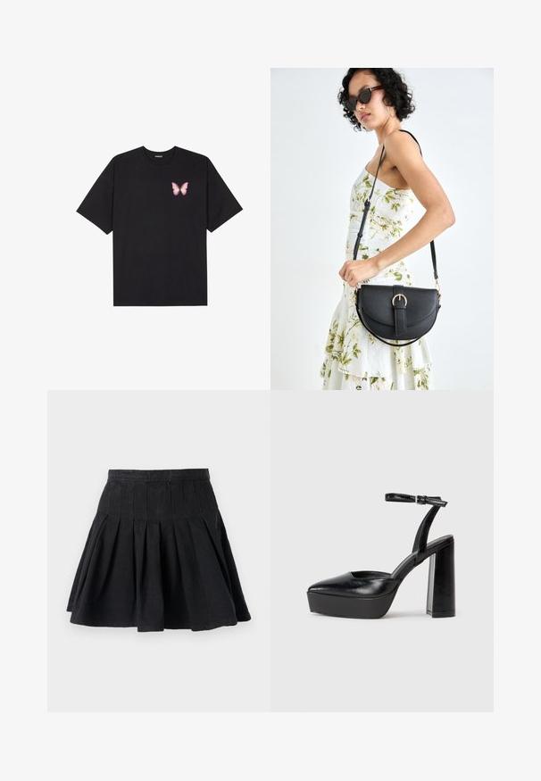 Svart bomulls T-skjorte med korte ermer, med en liten rosa sommerfugl grafikk på venstre bryst. Crew-neck design med en avslappet passform.; Svart, plisserte skjørt laget av bomullsstoff. Har en tilpasset midje og utvidet kant. Enkel design uten synlige mønstre eller dekorasjoner.; Sorte plattformhelter med spiss tå og justerbar ankelrem. Laget av glatt lær, med en robust blokkhel.; Svart lærveske med en buet form, avtagbar stropp og gullbeslag. Vesken har et klaff med spenne-detall.