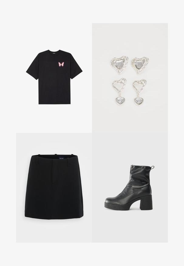Black cotton t-shirt with short sleeves, featuring a small pink butterfly graphic on the left chest. Crew neck design with a relaxed fit.; Black skirt with a smooth fabric texture, minimalistic design, two front pockets, and a mid-thigh length. Includes belt loops at the waist.; Black ankle boots made of smooth leather, featuring a side zipper, chunky textured heel, and rounded toe design.; Silver heart-shaped earrings feature faceted clear stones, with a textured frame. The set includes stud and drop styles.